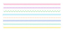 Set Of Line Illustrations Of Various Kinds Of Colorful Thread Stitching Borders.