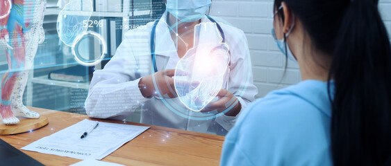 Doctor examining diagnosing patient’s health for illness disease, using modern computer technology display assistance artificial intelligence AI, healthcare medical staff in hospital clinic office