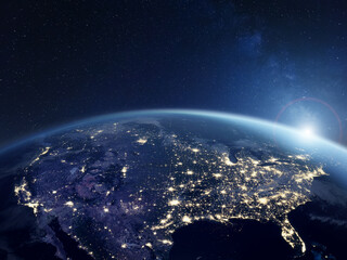 Wall Mural - america at night viewed from space with city lights showing activity in united states. 3d render of 