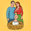 Baby born from egg and mother and father parents in nest pinup pop art retro raster illustration. Comic book style imitation.