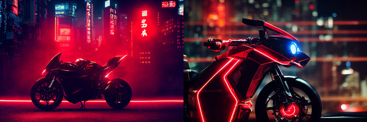 Wall Mural - Futuristic red cyberpunk moto bike, neon lights, moto sport, street race atmosphere , city, collection, bicycles in the night