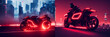 Futuristic cyberpunk moto bike, neon lights, moto sport, street race, city, collection