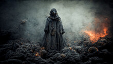Grim Reaper With Haunted, Creepy Graveyard.Digital Art