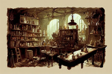 Alchemist Workshop Digital Painting, Fantasy Wizard, Sorcerer Lab, Dark, Moody Fantasy Medieval Interior Laboratory, Concept Art