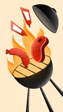 Barbecue Grill Illustration. Bright Illustration Of Sunday Lunch, Grilled Meat Steak, And Sausage.