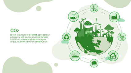 co2 icon concept for reducing co2 emissions to stop climate change in the green circle. on the green