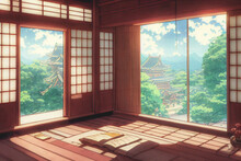 Fantasy Japanese Shrine With Windows View Torii Outside. 3d Render Anime Style Wallpaper.