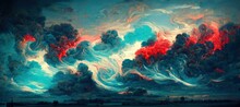 Sunset Dusk Fantasy Of Surreal Cumulus Storm Clouds - Golden Hour Grandiose Fiery Crimson Red And Sky Blue Colors. Bold Dramatic Digital Oil Impasto Painting Cloudscape With Dark Gothic Undertone. 