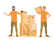 © Angelina - Home moving service.  Loaders, movers standing with boxes. Relocation service. Moving to the new flat, apartment. Ad, banner. Flat vector illustration.
