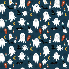 seamless pattern ghosts, halloween in flat style, vector