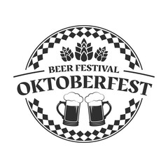 Wall Mural - Oktoberfest logo, label or icon. Beer fest round badge with mugs and malt. German, Bavarian October festival design element. Vector illustration.