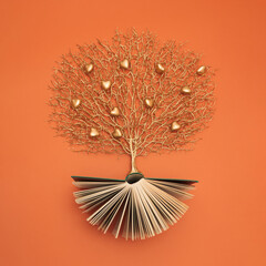 Wall Mural - Golden tree with heart shaped fruits growing from the old book, Education and knowledge concept. For book lovers. Flat lay.