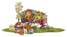 Watercolor Harvest Scene,red Rustic Wheelbarrow Full Of Pumpkins, Hay And Sunflowers On Grass.Fall Decor Composition For Thanksgiving And Autumn Arrangement Card, Farmhouse Rustic Garden Illustration