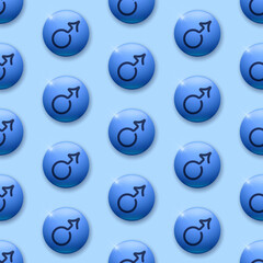 Sticker - Male gender symbols seamless pattern. Vector realistic glossy 3d elements on blue background. Best for textile, wallpapers, wrapping paper, package and festive decoration.