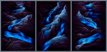Shining Blue Ice, The Light Of Blue Lava Under The Ice. Abstract Background As A Concept Of The Fight Between Ice And Flame.