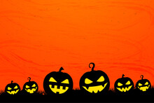 Halloween Background Copy Space With Scary Funny Pumpkins Jack O Lantern