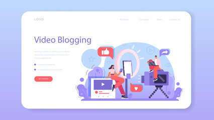 Wall Mural - blogger web banner or landing page. character sharing media content
