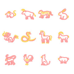 Wall Mural - Chinese Zodiac Neon Icons Isolated. Vector Illustration of Glowing Bright Led Lamp over White Symbols.