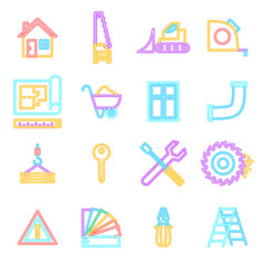 Poster - Construction Neon Icons Isolated. Illustration of Glowing Bright Led Lamp over White Symbols.