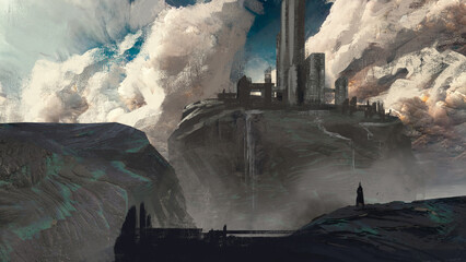 Wall Mural - Digital painting of a castle environment with clouds in the background and character in foreground - fantasy illustration