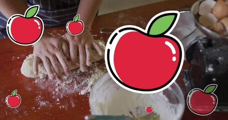 Poster - Animation of apple icons over hands with dough