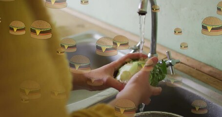 Poster - Animation of hamburger icons over caucasian woman washing salat