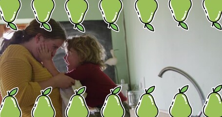 Poster - Animation of pear icons over caucasian woman with son in kitchen