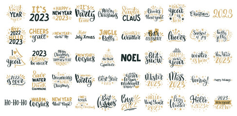 Merry Christmas and Happy New Year lettering. Winter holiday greeting card, xmas quotes and phrases illustration set. Typography collection for banners, postcard, greeting cards, gifts