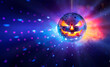 Leinwandbild Motiv Halloween Mirror Ball In Disco - Pumpkins Face On Sphere In Nightclub With Smoke And Defocused Abstract Lights