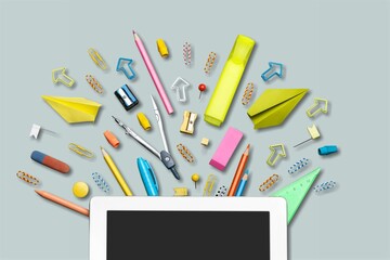 Poster - Colored school stationery accessories on desk