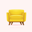 3D Armchair. Yellow chair with wooden legs. Vector minimal style, realistic isolated illustration