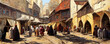 Medieval arabic town, market square painting with crowds of people. Historic wallpaper illustration of town square for canvas art, backdrops.
