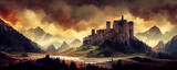 Digital medieval landscape painting stronghold castle among hills and mountains, green fields and dark skies. Inspired by medieval fantasy.