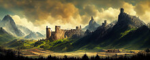 Digital Medieval Landscape Painting Of Castles Among Hills And Mountains, Green Fields And Dark Skies. Inspired By Lord Of The Rings And Middle Earth.
