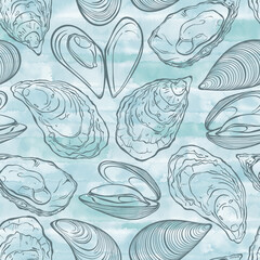 Wall Mural - Seamless  pattern with oysters on blue watercolor background. Food vector Illustration. Templates for menu design, packaging, restaurants and catering. Hand drawn images. Perfect for wallpaper, wrappi