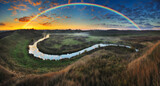 Fototapeta Tęcza - Amazing rainbow over the small rural river. autumn morning. nature of Ukraine