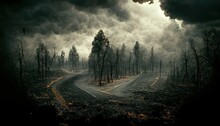 Raster Illustration Of Spooky Empty Fork In The Road In Scary Forest Under Clouds Of Smoke. Sabbath, Broken, Abandoned Road, Fear, Frightening Landscape. Bare Tree, Fright, Magical Realism. 3D Artwork
