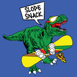 Fototapeta Dinusie - TYRANNOSAURUS REX HOLDING A SNOWBOARD AND A PIZZA IN EACH ARM