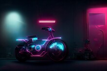 Cyberpunk Motorcycle At Night In A Garage