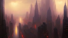 Dark Neon City With New York Skyscrapers, Light In The Windows, Neon Streets, Top View Of The City, Sunset. 3D Illustration.