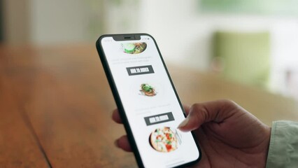 Wall Mural - Food app, phone search and hands on the internet for lunch, online shopping for fast food on tech and on grocery store website for dinner. Woman on mobile for groceries and choice on web supermarket