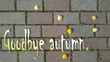 Yellow and white inscription Goodbye Autumn on background of gray brick road with sprouted grass between it and yellow autumn leaves. Top view, flat lay