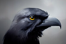 Portrait Of A Black Crow In Profile Against A Misty Twilight Mountain Landscape, Digital Illustration