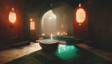 Ancient Interior Turkish Bath, Frescoes On The Walls, Baths, Oriental Lanterns. Fantasy Turkish Palace Interior. 3D Illustration.