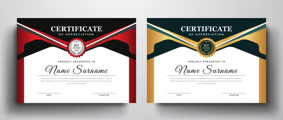 Modern and creative certificate template for multipurpose, Golden green and red black color variation elegant certificate design