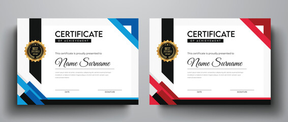 Modern and creative certificate design with golden color award badge I red and blue color variation certificate template