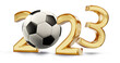 2023 year number in gold and white black soccer ball with slight shadowing 3d-illustration