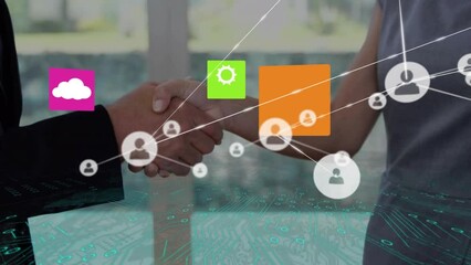 Wall Mural - Animation of network of connections with icons over diverse business people shaking hands