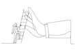 Drawing of ambitious businesswoman about to climb up ladder to overcome giant hand stopping him. Metaphor for overcome business obstacle, barrier or difficulty. Single continuous line art style