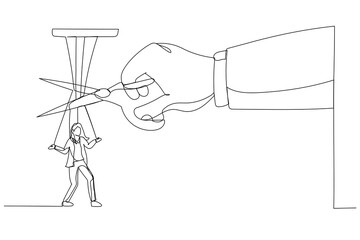 Cartoon of giant hand with scissors cutting the strings attached to businesswoman. Metaphor for freedom, independent, liberation. Single line art style